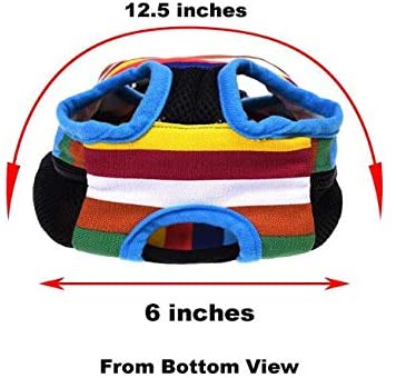 Colorful striped pet harness with measurements on a white background