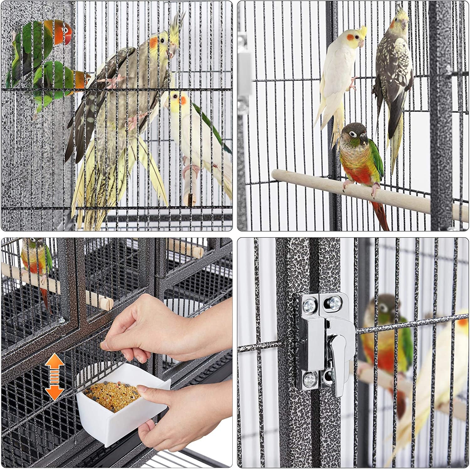 Collage of a birdcage with birds, a hand feeding them, and a close-up of a latch.