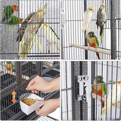 Collage of a birdcage with birds, a hand feeding them, and a close-up of a latch.