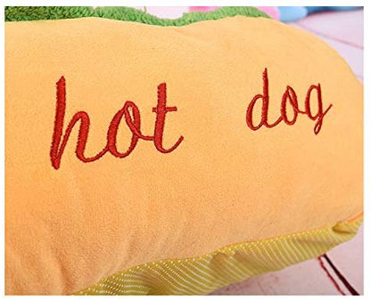 Plush toy shaped like a hot dog with 'hot dog' text on it.