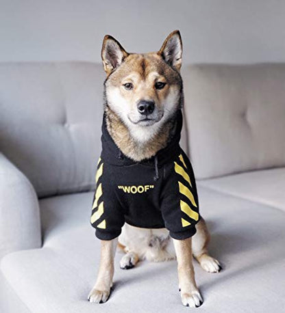 Dog wearing a black hoodie with yellow accents and 'WOOF' text on a gray couch.