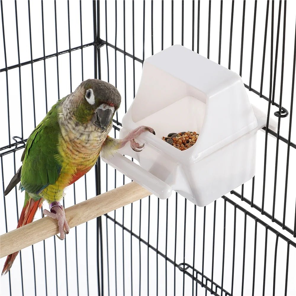Bird perched on a branch next to a white geometric bird feeder in a cage.