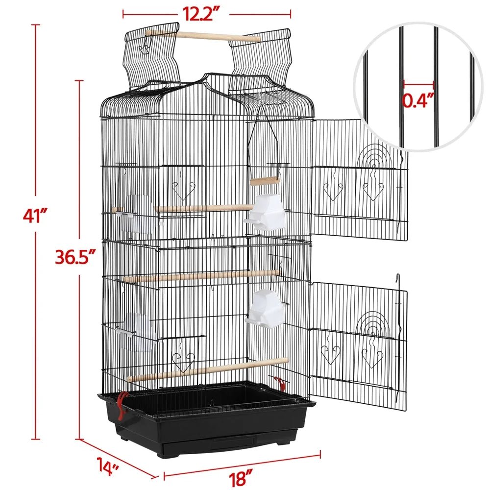 Bird cage with dimensions labeled on a white background