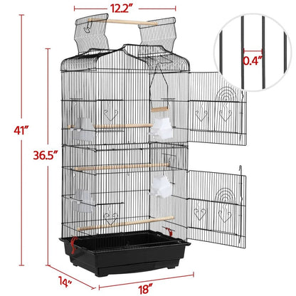 Bird cage with dimensions labeled on a white background