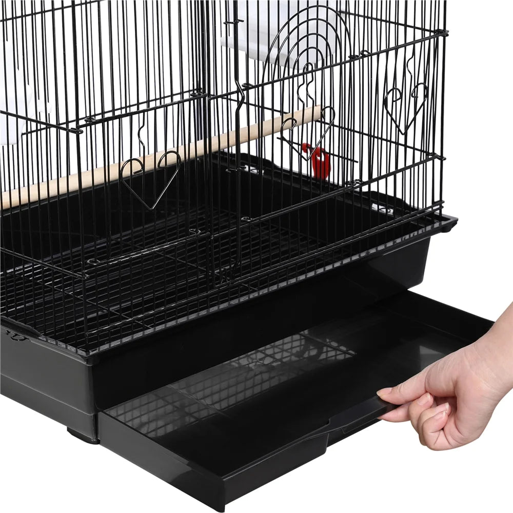 Black bird cage with a hand opening the bottom tray