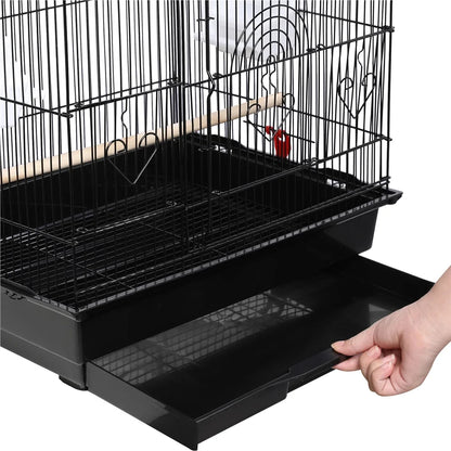 Black bird cage with a hand opening the bottom tray