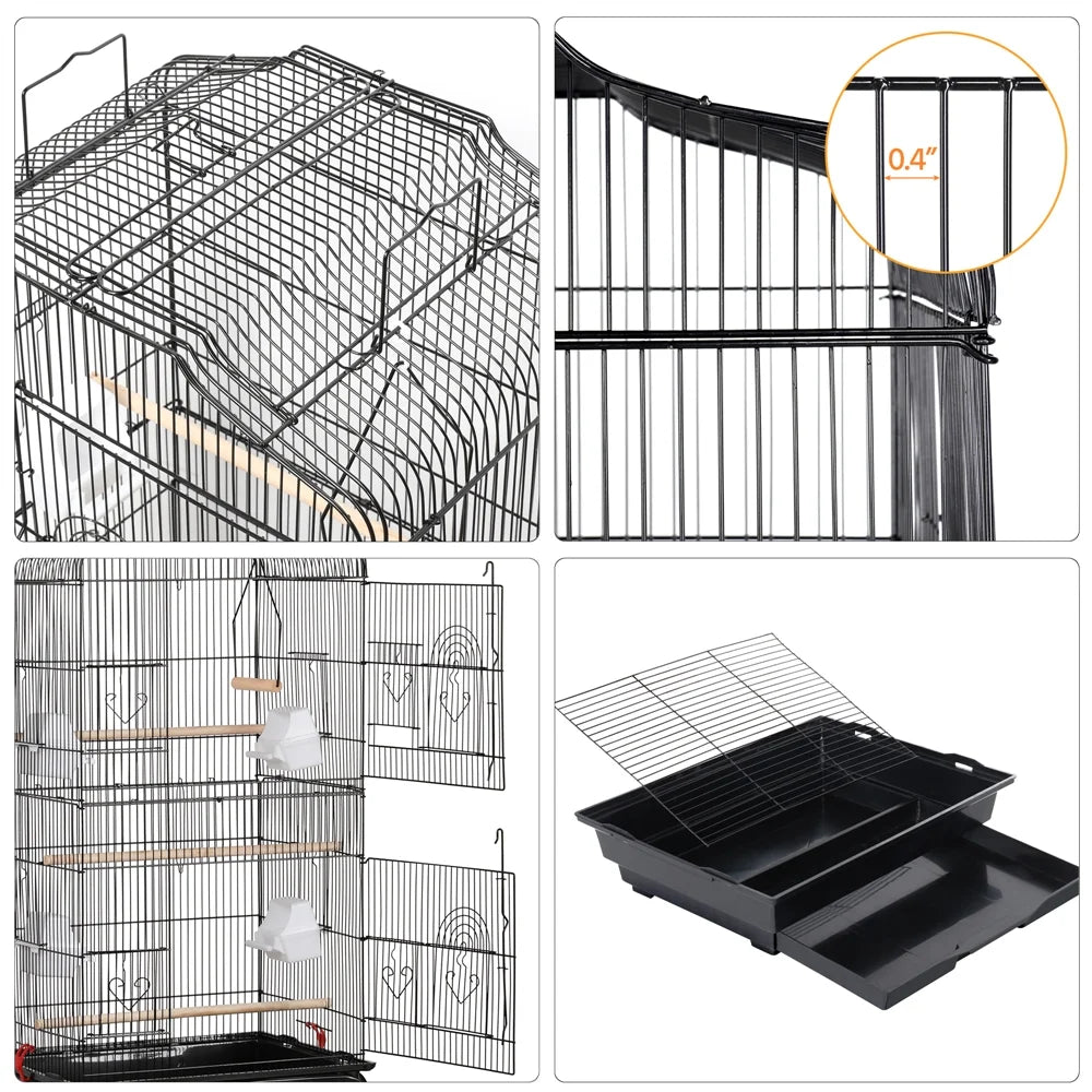 Collage of a bird cage with various features highlighted