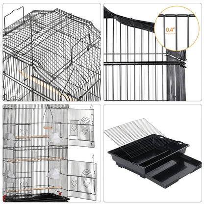 Collage of a bird cage with various features highlighted