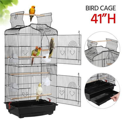 Bird cage with birds on a white background, showing different angles and features.