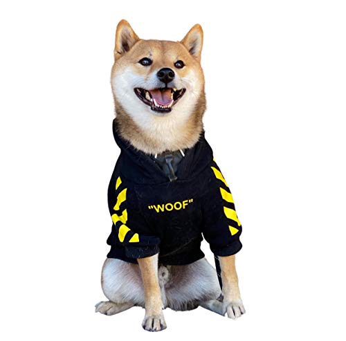 Dog wearing a black hoodie with yellow accents and 'WOOF' text on a white background