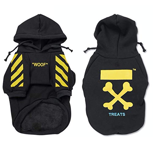 Two black pet hoodies with yellow and blue designs on a white background