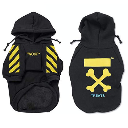 Two black pet hoodies with yellow and blue designs on a white background