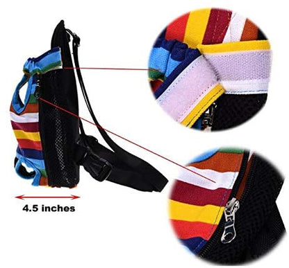 Colorful backpack with a close-up of a zipper and measurement label on a white background