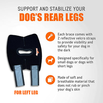 Dog leg brace with features and benefits on a white background