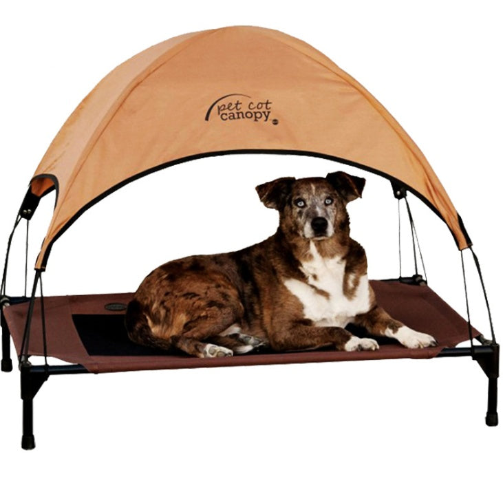 Dog lying on a pet canopy with 'Pet Cat Canopy' branding.
