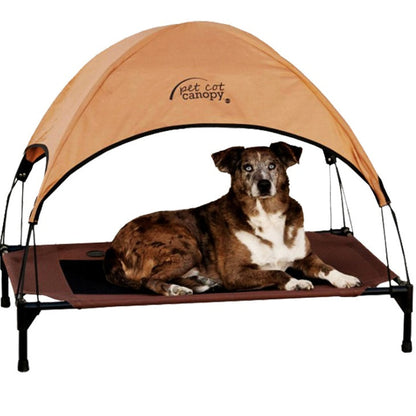 Dog lying on a pet canopy with 'Pet Cat Canopy' branding.