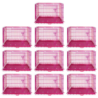 Nine pink pet crates arranged in a 3x3 grid on a white background.