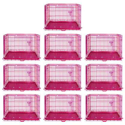 Nine pink pet crates arranged in a 3x3 grid on a white background.