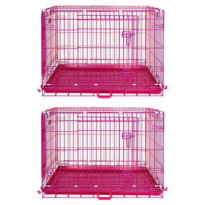 Two pink metal dog crates on a white background