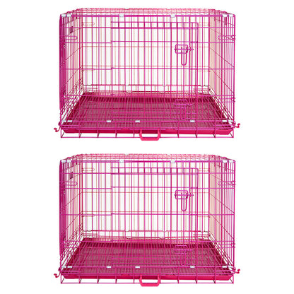 Two pink metal dog crates on a white background