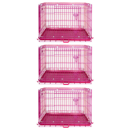 Set of three pink metal pet crates on a white background