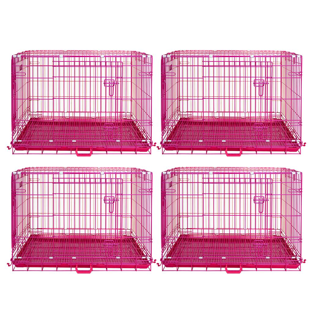 Four pink metal dog crates on a white background