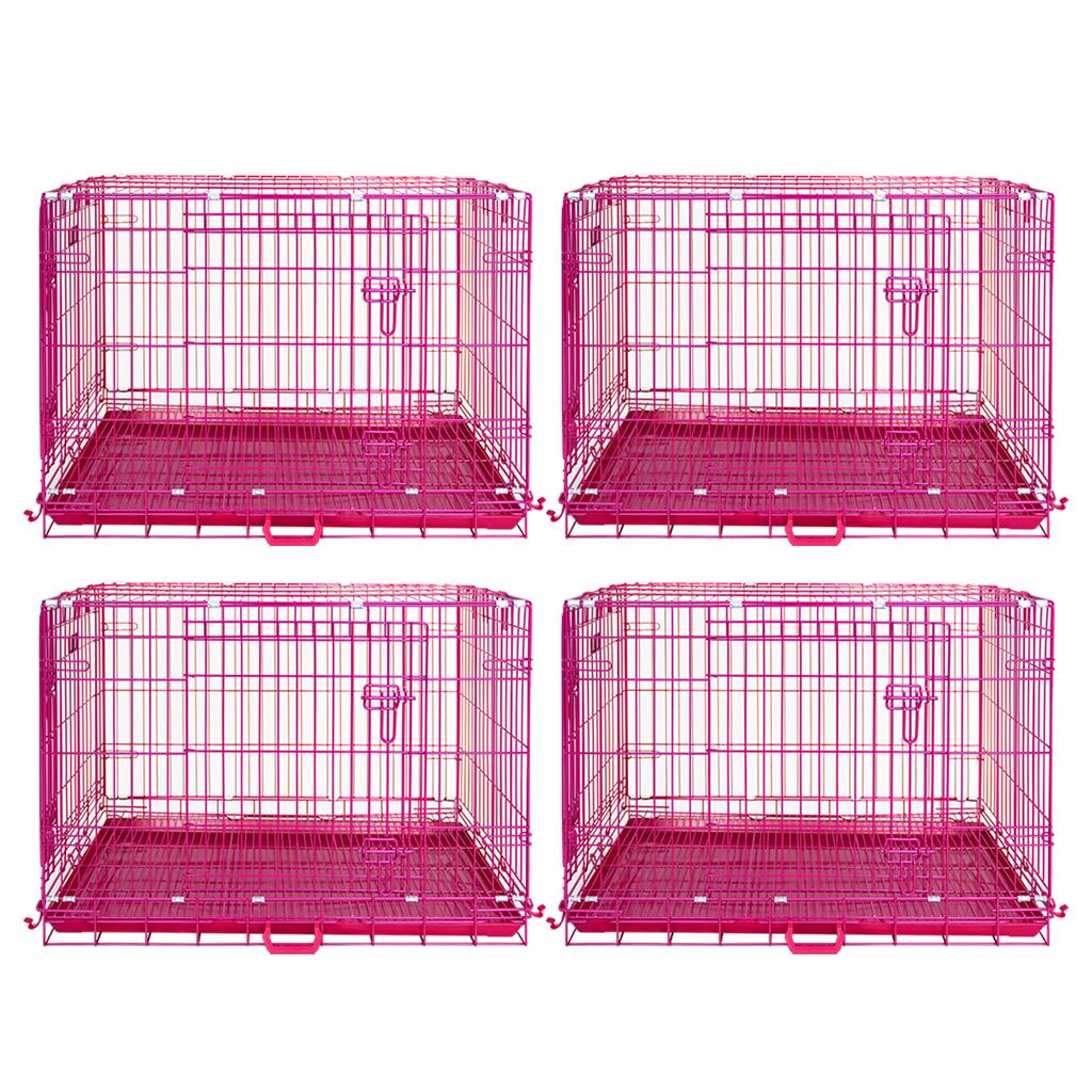 Four pink metal dog crates on a white background