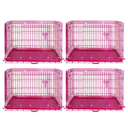 Four pink metal dog crates on a white background