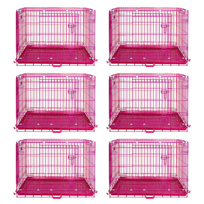Six pink metal dog crates on a white background