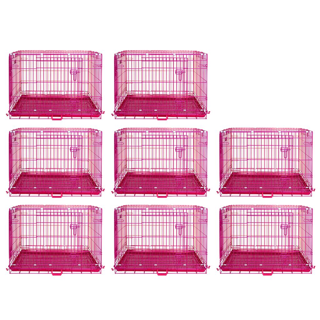 Nine pink metal wire crates on a white background
