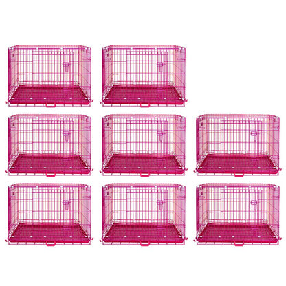 Nine pink metal wire crates on a white background