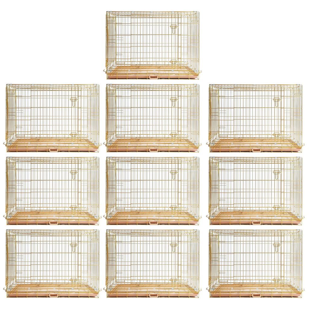 Nine gold wire bird cages on a white background