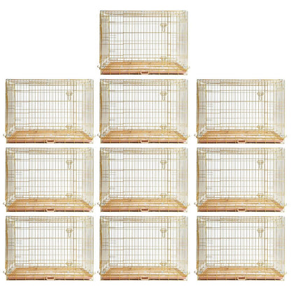 Nine gold wire bird cages on a white background