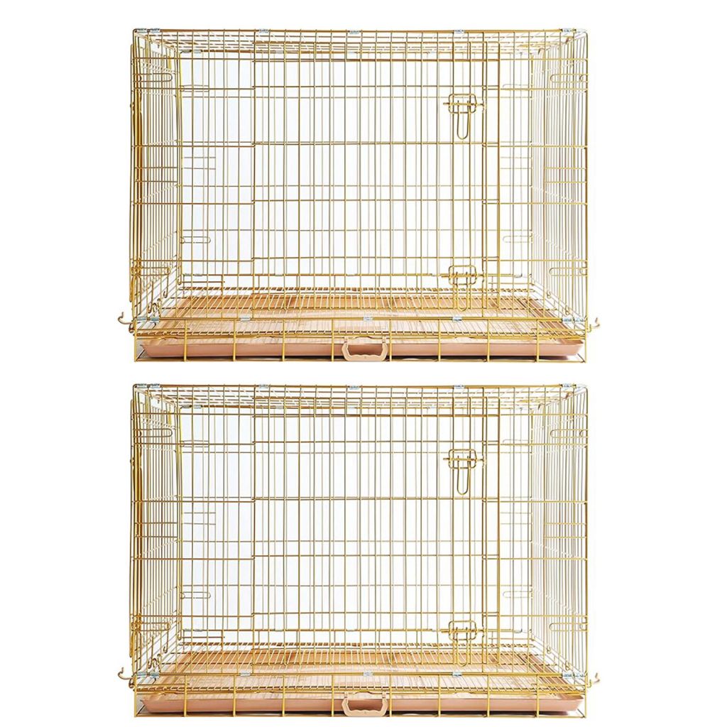 Two gold wire pet crates on a white background