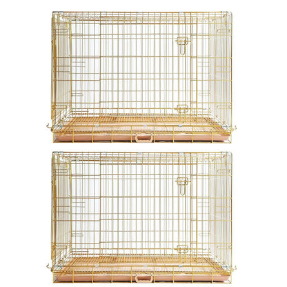 Two gold wire pet crates on a white background