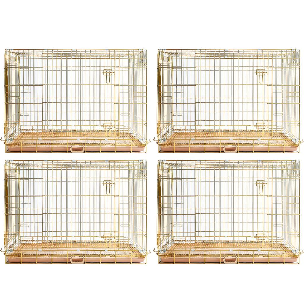 Four gold wire pet crates on a white background