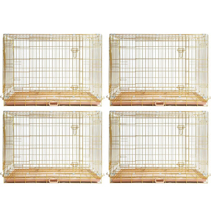 Four gold wire pet crates on a white background