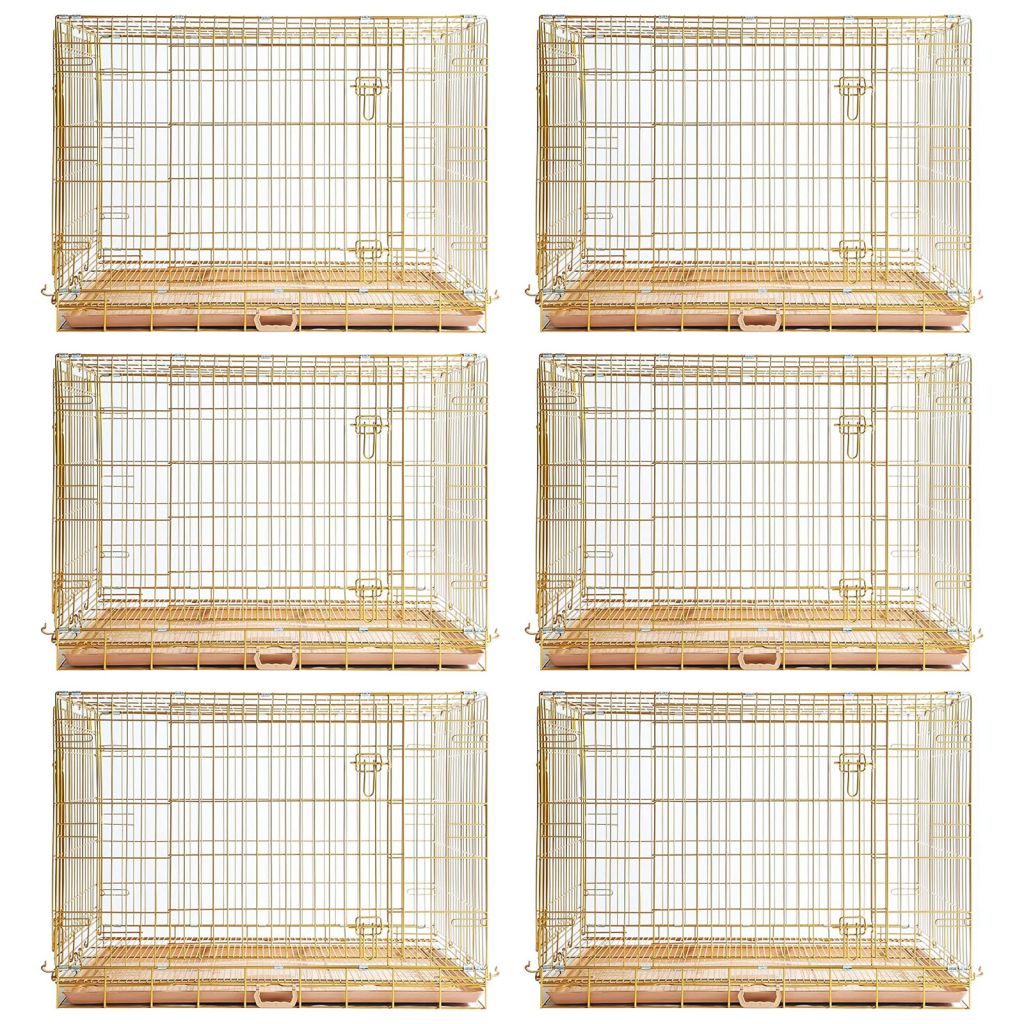 Set of six gold bird cages on a white background