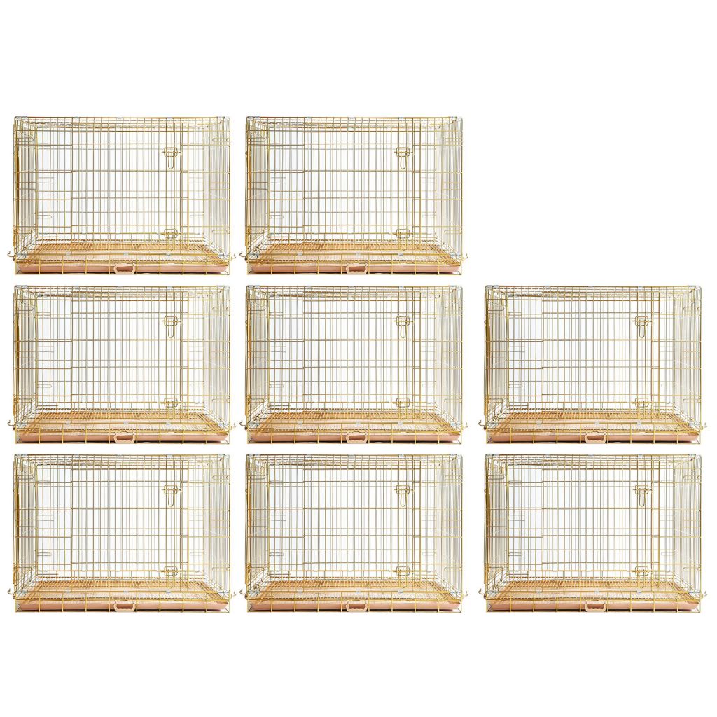 Set of eight gold bird cages on a white background