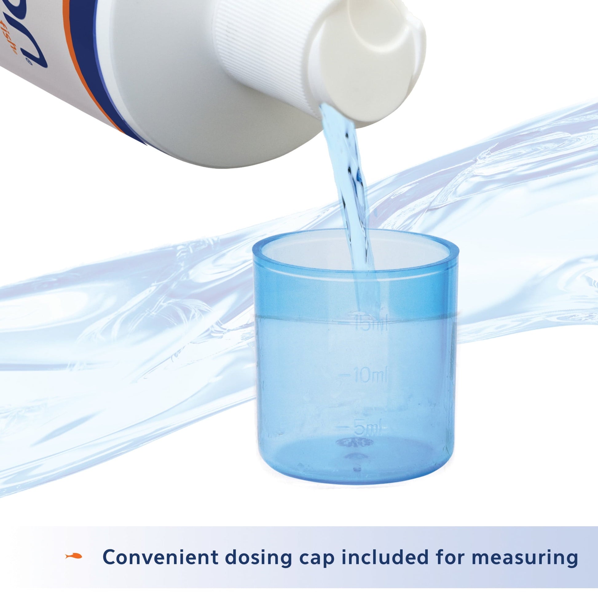 Blue liquid being poured from a bottle into a blue cup with a white background.