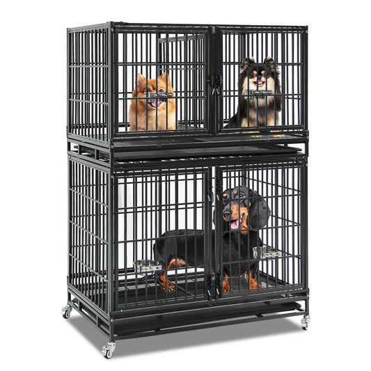 Stack of black metal dog crates with dogs inside on a white background