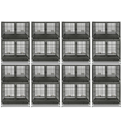 Multiple black metal dog crates stacked on a white background