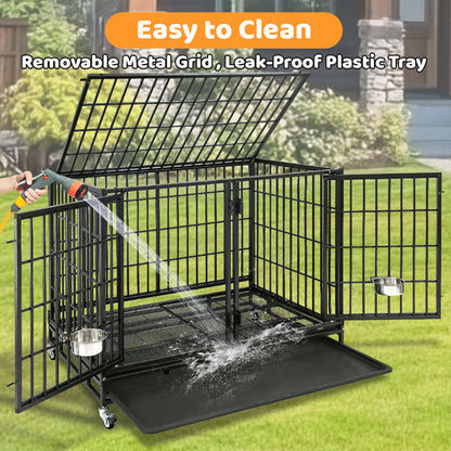 Dog crate with removable metal grid and leak-proof plastic tray being cleaned with a hose.