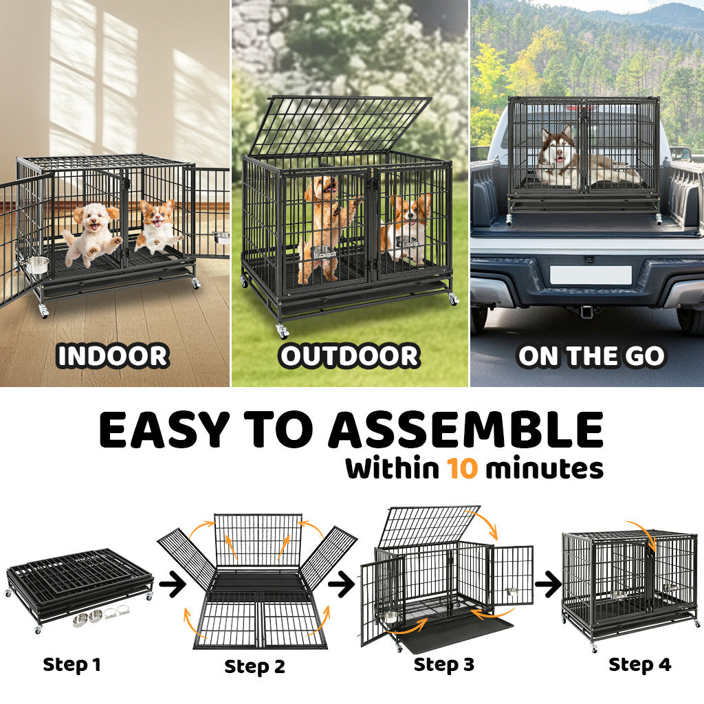 Dog crate shown in various settings with assembly steps displayed.