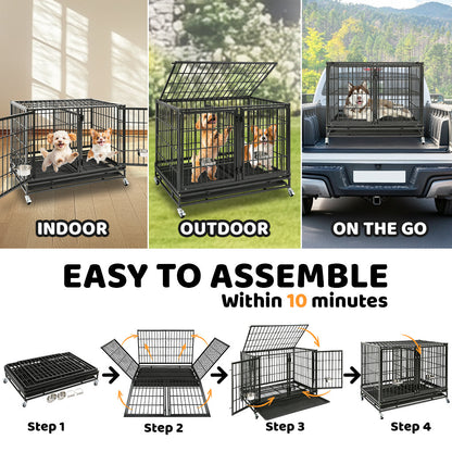 Dog crate shown in various settings with assembly steps displayed.