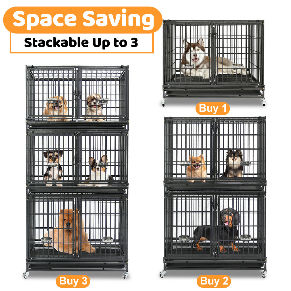 Stackable dog crates with dogs inside, labeled for space saving and stackability.