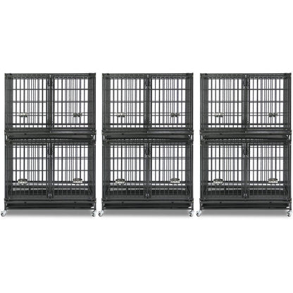 Set of four black metal dog crates on a white background