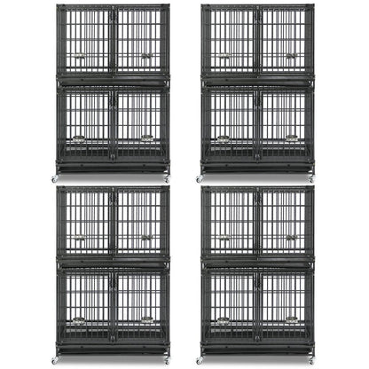 Set of six black metal dog crates stacked on a white background