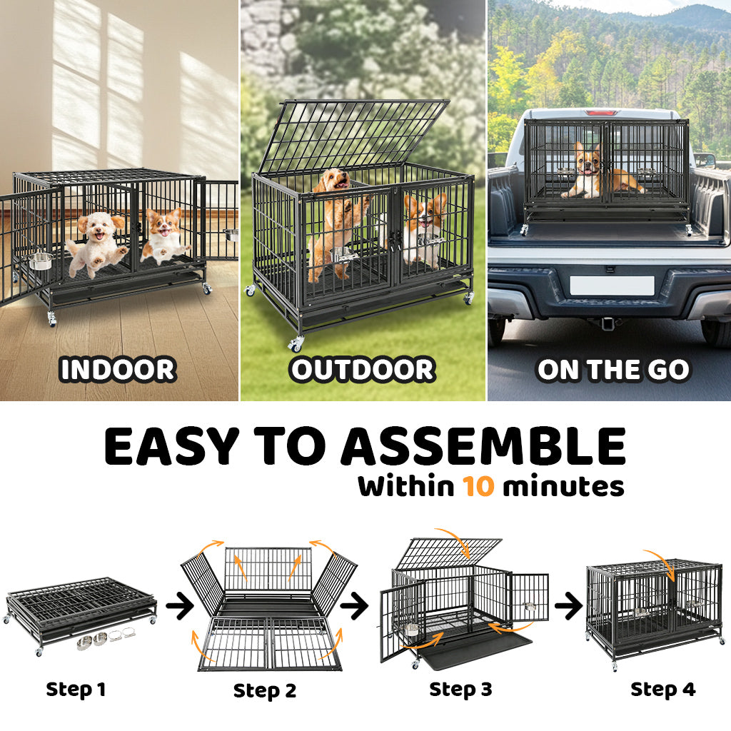 Dog crate shown in various settings with assembly steps displayed.