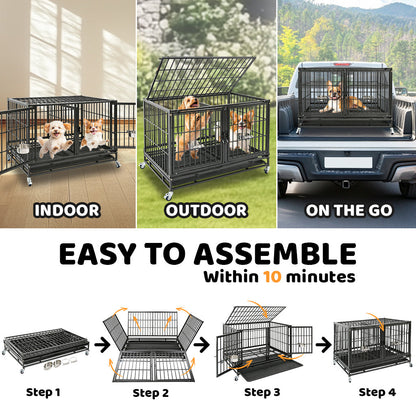 Dog crate shown in various settings with assembly steps displayed.